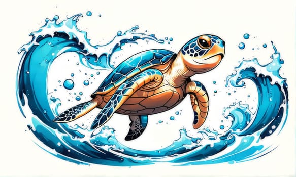 Majestic turtle is seen gliding effortlessly through water, its movements slow, graceful. For Tshirt design, posters, postcards, other merchandise with marine theme, childrens books