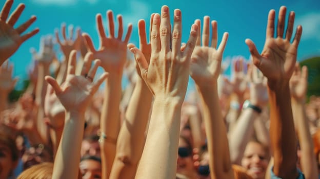 A group of people with their hands up in the air