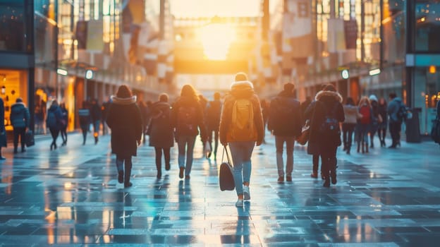 A group of people walking down a street with buildings in the background