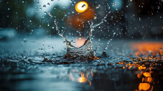 A close up of a water drop hitting the ground with light shining in