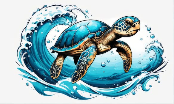 Turtle glides through its aquatic environment, showcasing beauty, tranquility of underwater world. For Tshirt design, posters, postcards, other merchandise with marine theme, childrens books, tourism