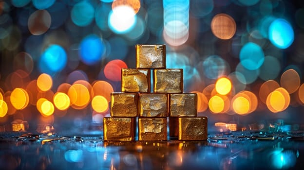 A close up of a stack of gold cubes on top of some blurry lights