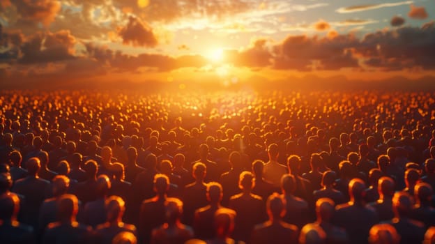 A large group of people standing in a field with the sun setting behind them