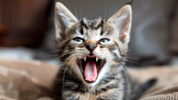 A kitten yawning while laying on a bed with its mouth open