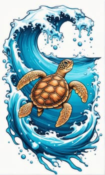 Majestic turtle glides effortlessly through clear blue waters, its shell glistening in sunlight. For educational materials for kids, game design, animated movies, tourism, stationery, Tshirt design