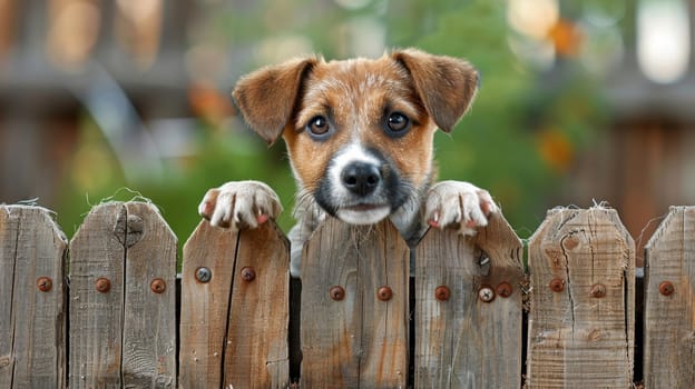 A dog peeking over a wooden fence with its paws on the top