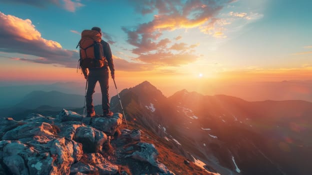 A man with backpack standing on top of a mountain looking at the sun
