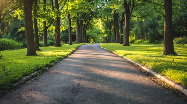 A road with trees lining both sides of it in a park