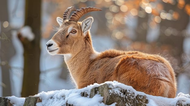 A goat with long horns sitting on top of a pile of snow