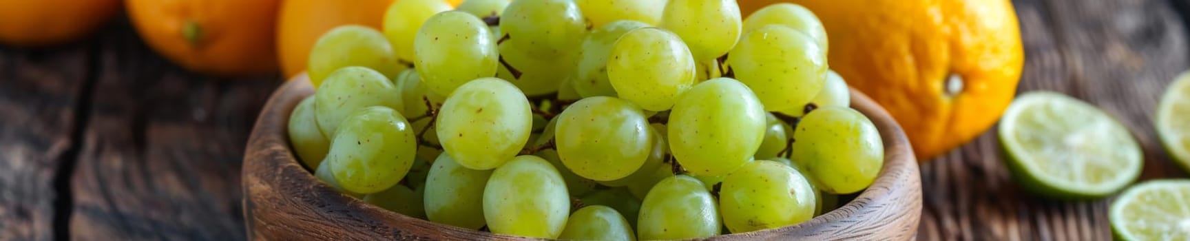 A wooden bowl filled with grapes and limes on a table