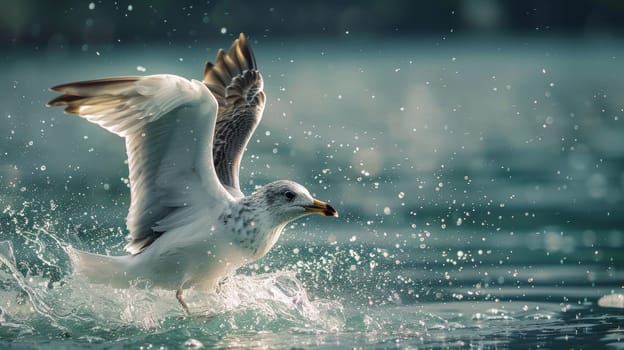 A seagull with wings spread landing on water surface