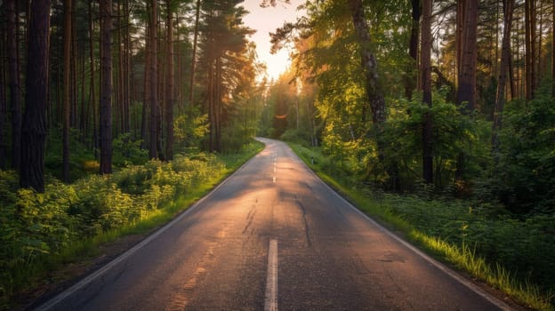 A road in the middle of a forest with trees on both sides