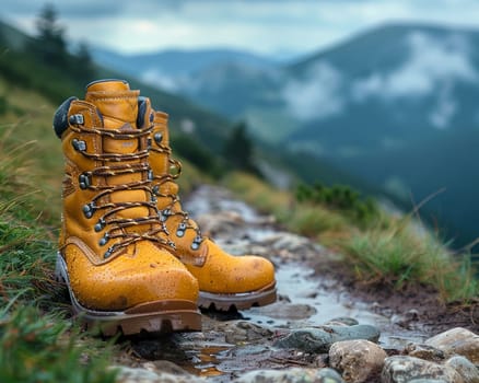 Hiking boots on a rugged trail, symbolizing adventure and endurance.