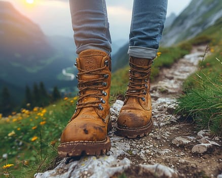 Hiking boots on a rugged trail, symbolizing adventure and endurance.