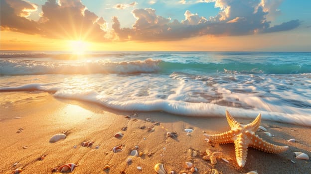 A starfish on the beach at sunset with waves crashing in