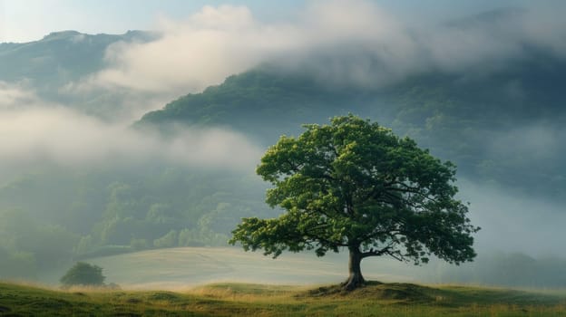 A lone tree in a grassy field with fog rolling over it