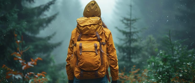 Person walking with a backpack through an autumn forest, illustrating leisure and nature.