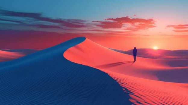 A person walking on a sand dune at sunset