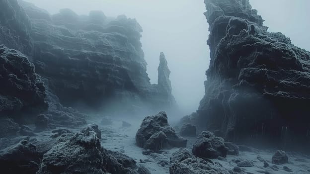 A foggy landscape with rocks and snow covered ground