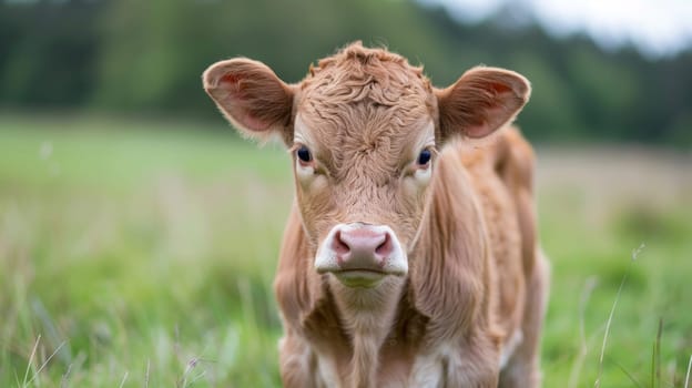 A close up of a brown cow standing in the grass