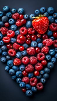 A bunch of berries and raspberries arranged in a triangle shape