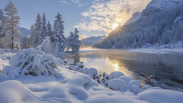 A snowy scene of a river surrounded by trees and snow