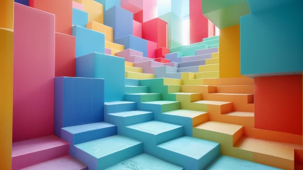 A colorful staircase with many different colored blocks on it