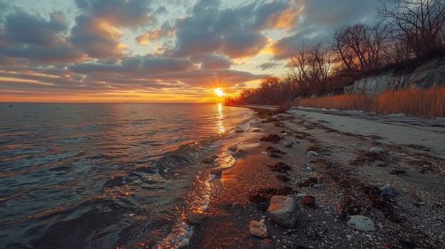 A sunset over the ocean with a beach and trees in view