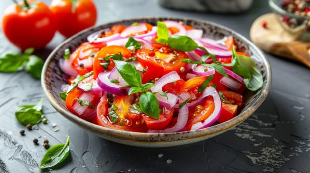 A bowl of salad with tomatoes, onions and herbs on a table