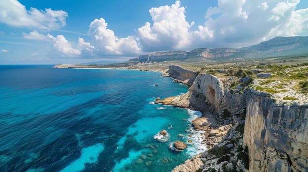 A view of a cliff overlooking the ocean and some blue water