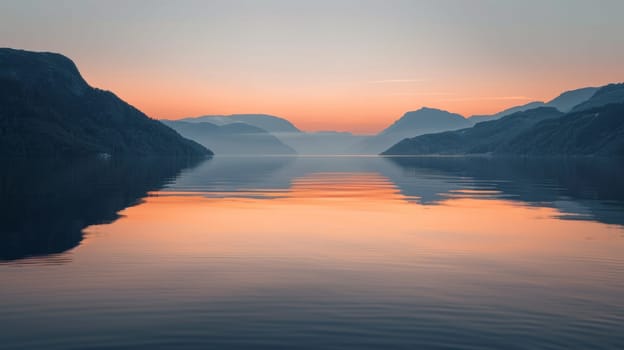 A view of a sunset over the water with mountains in the background