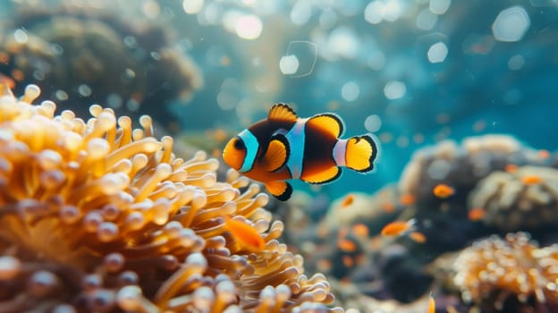 A clown fish is swimming in an ocean with coral