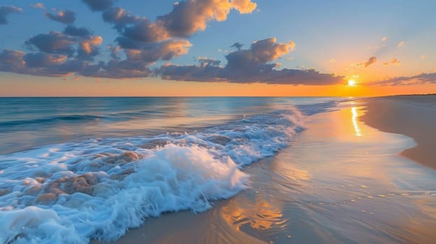 A beach with waves crashing on the shore at sunset