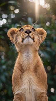 A close up of a lion cub looking upward at the camera