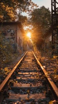 A view of a train track with trees and graffiti on it