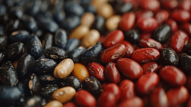 A close up of a bunch of beans and seeds in different colors