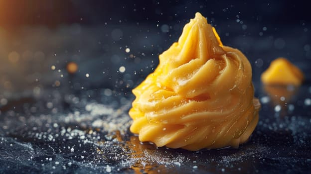 A close up of a yellow substance on top of some water