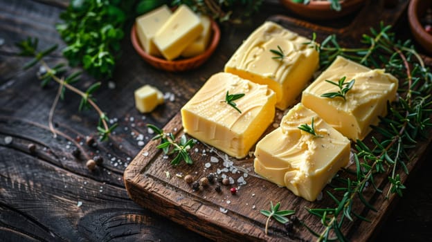 A wooden cutting board with four squares of butter and herbs