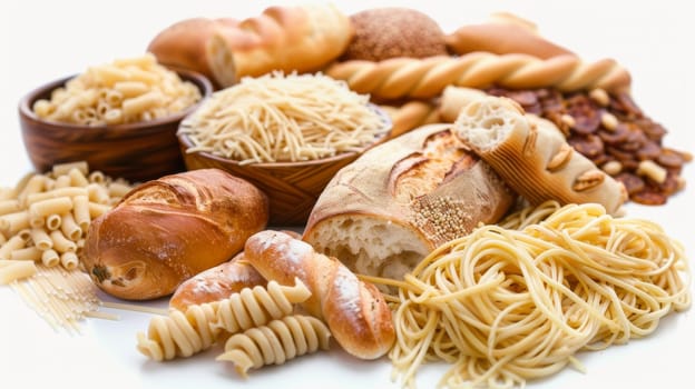 A pile of bread, pasta and other food items on a white table