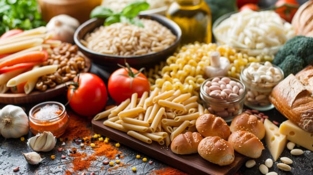 A table with a variety of foods including pasta, bread and vegetables