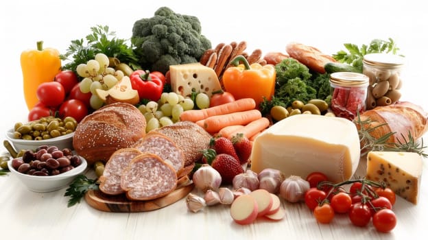 A large assortment of vegetables and fruits on a table