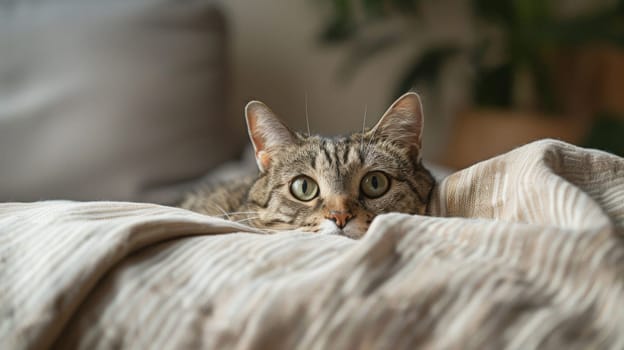 A cat peeking out from under a blanket on top of the bed