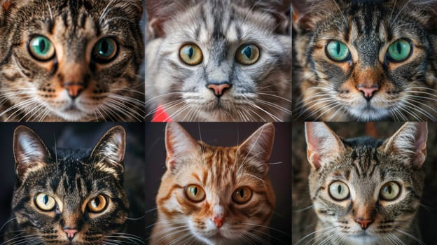 A series of six different pictures showing the eyes and faces of cats