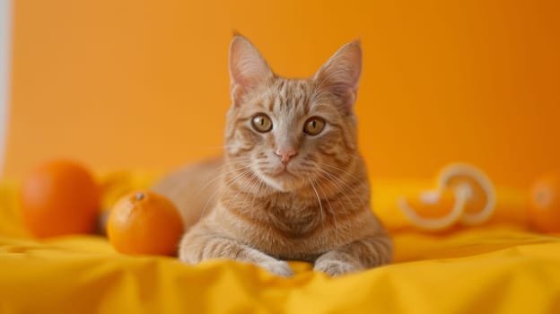 A cat laying on a bed with oranges and other objects