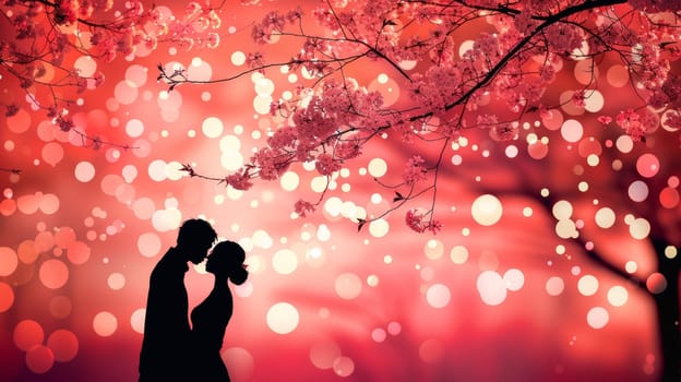A couple kissing under a tree with pink lights