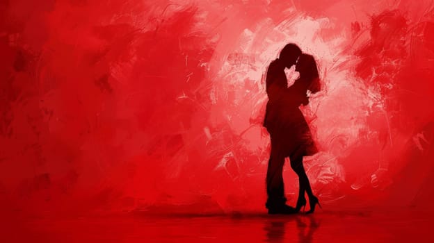 A couple kissing in a red room with abstract art