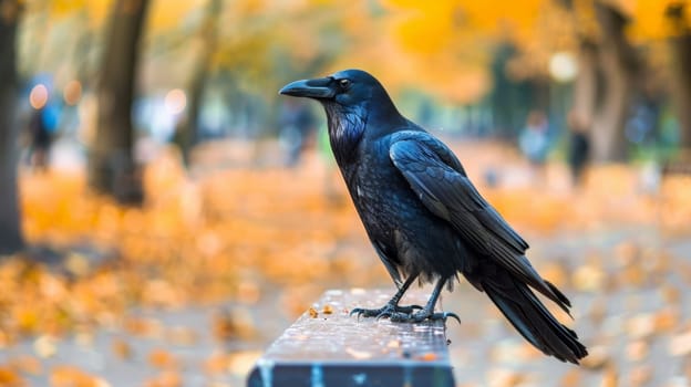 A black bird sitting on a wooden post in the fall