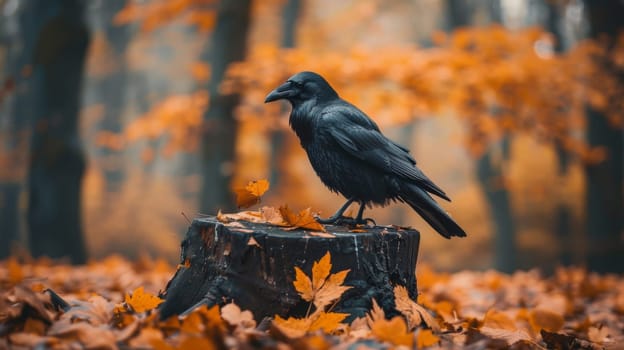A black bird sitting on a stump in the middle of leaves