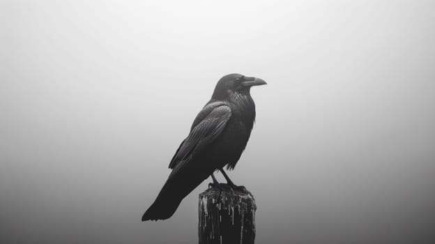 A black bird perched on a post in the foggy sky
