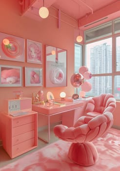 The property features a pink room with furniture including a chair, desk, nightstand, and paintings on the wall. The interior design includes wood floors, a window, and a table with drawers